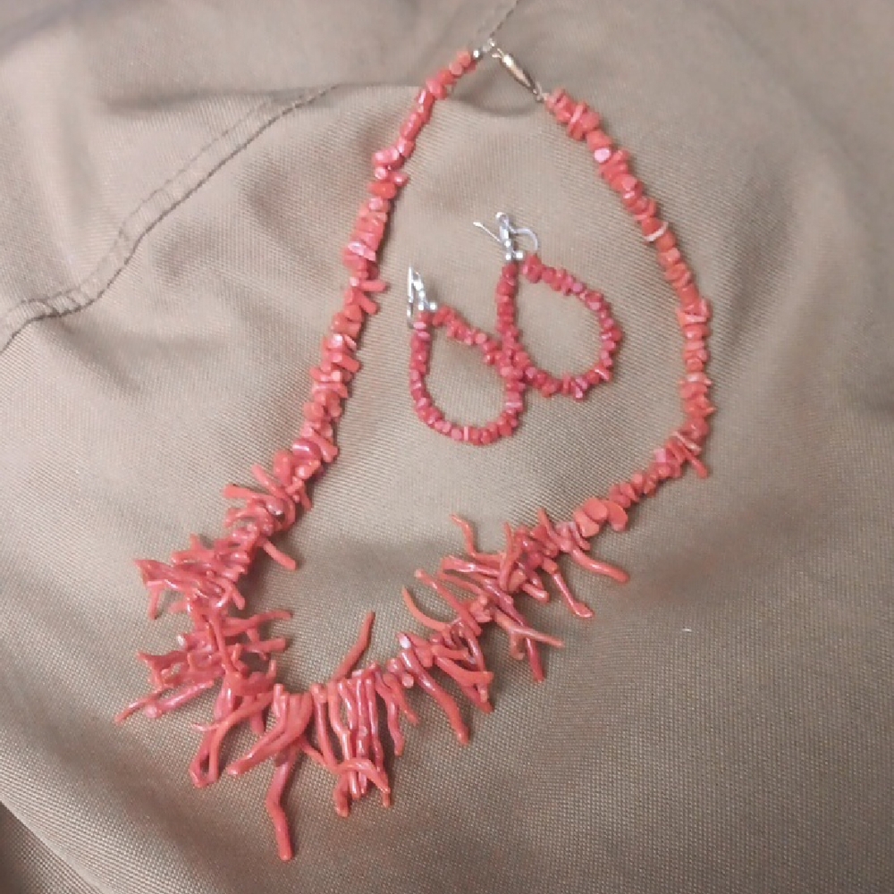 Coral Beaded Necklace and Earring Set
